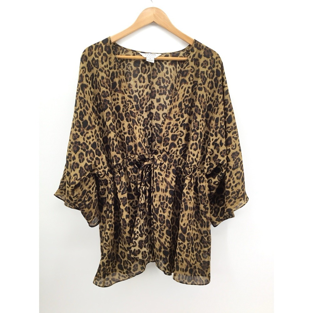 Allison Taylor Leopard Peplum Chiffon 1X Open Front Tie 3/4 Sleeve Blouse HH15